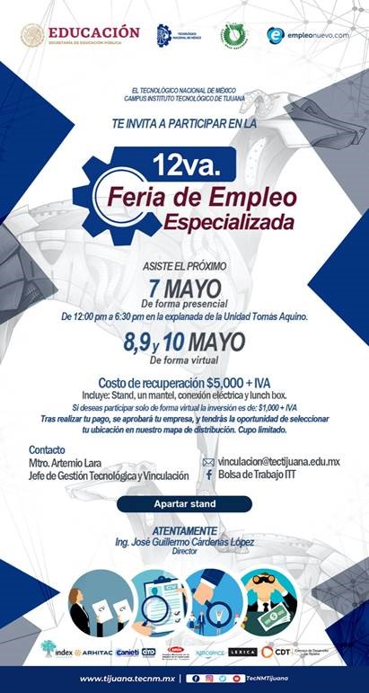 Invitación Feria de empleo Especializada Presencial y Virtual Tec Tijuana. 2024